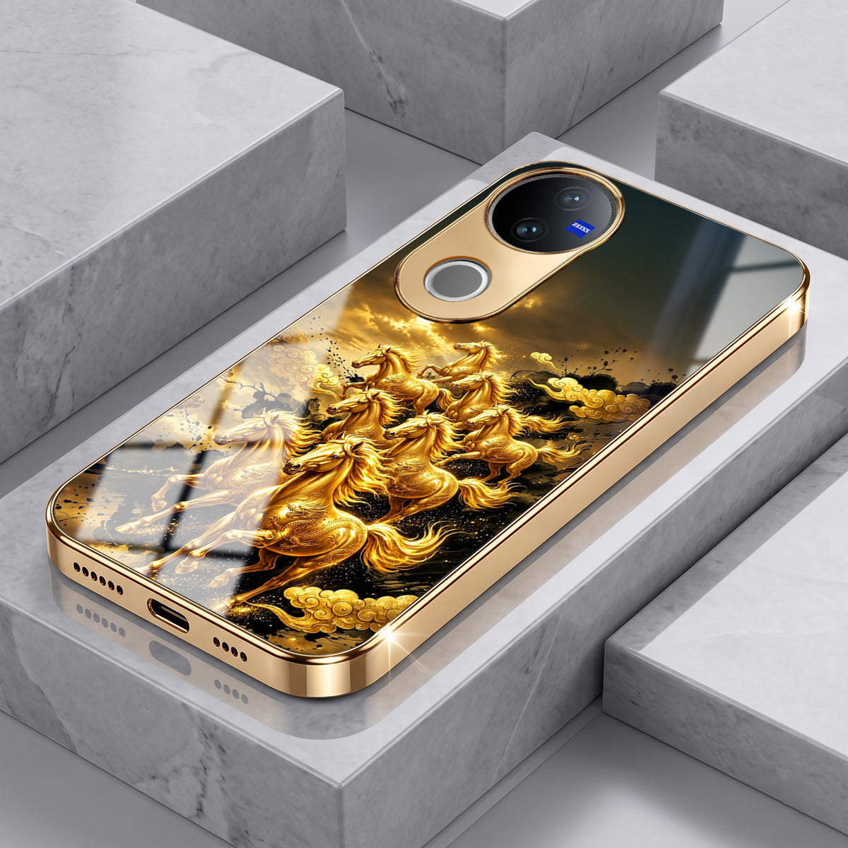 Vivo V50 5G Horses Royal Glory Gold Electroplated Glass Phone Back Case