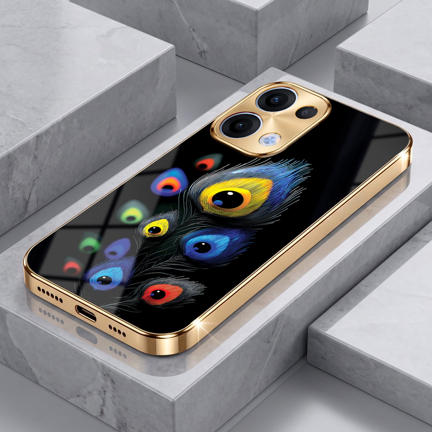 Oppo Reno 13 5G Premium Peacock Feather Gold Electroplated Glass Phone Back Case