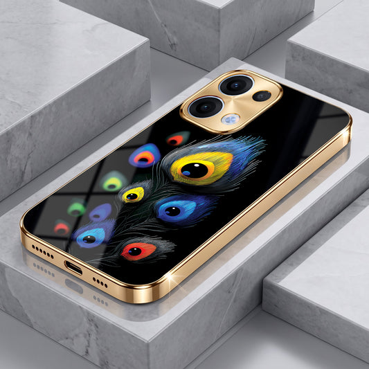 Oppo Reno 13 5G Premium Peacock Feather Gold Electroplated Glass Phone Back Case