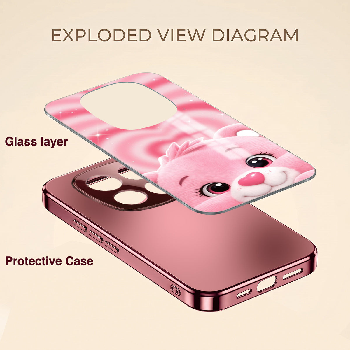 Redmi Note 15 Pro+ 5G Luxury Cute Teddy Pink Electroplated Glass Phone Back Case