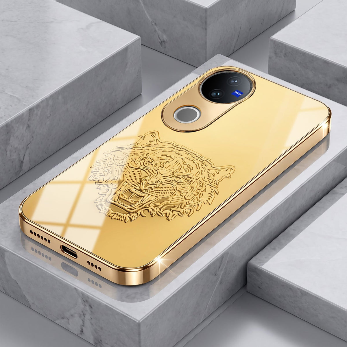 Vivo V50 5G Golden Tiger Face Gold Electroplated Glass Phone Back Case