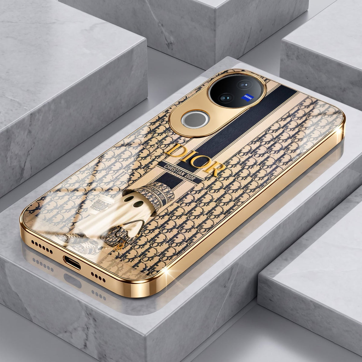 Vivo V50 5G Luxury Dior Gold Electroplated Glass Phone Back Case
