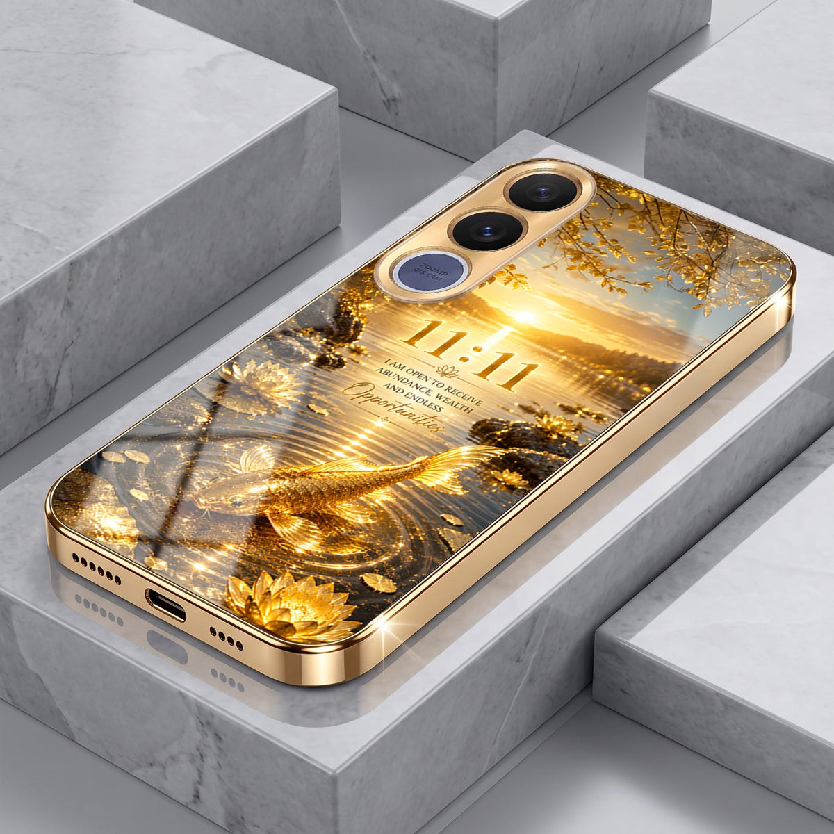 Vivo V70 FE 5G 11:11 Manifestation Gold Electroplated Glass Phone Back Case