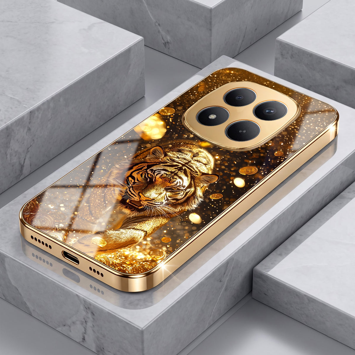 Redmi Note 15 Pro Plus 5G Luxury Tiger Gold Electroplated Glass Phone Back Case
