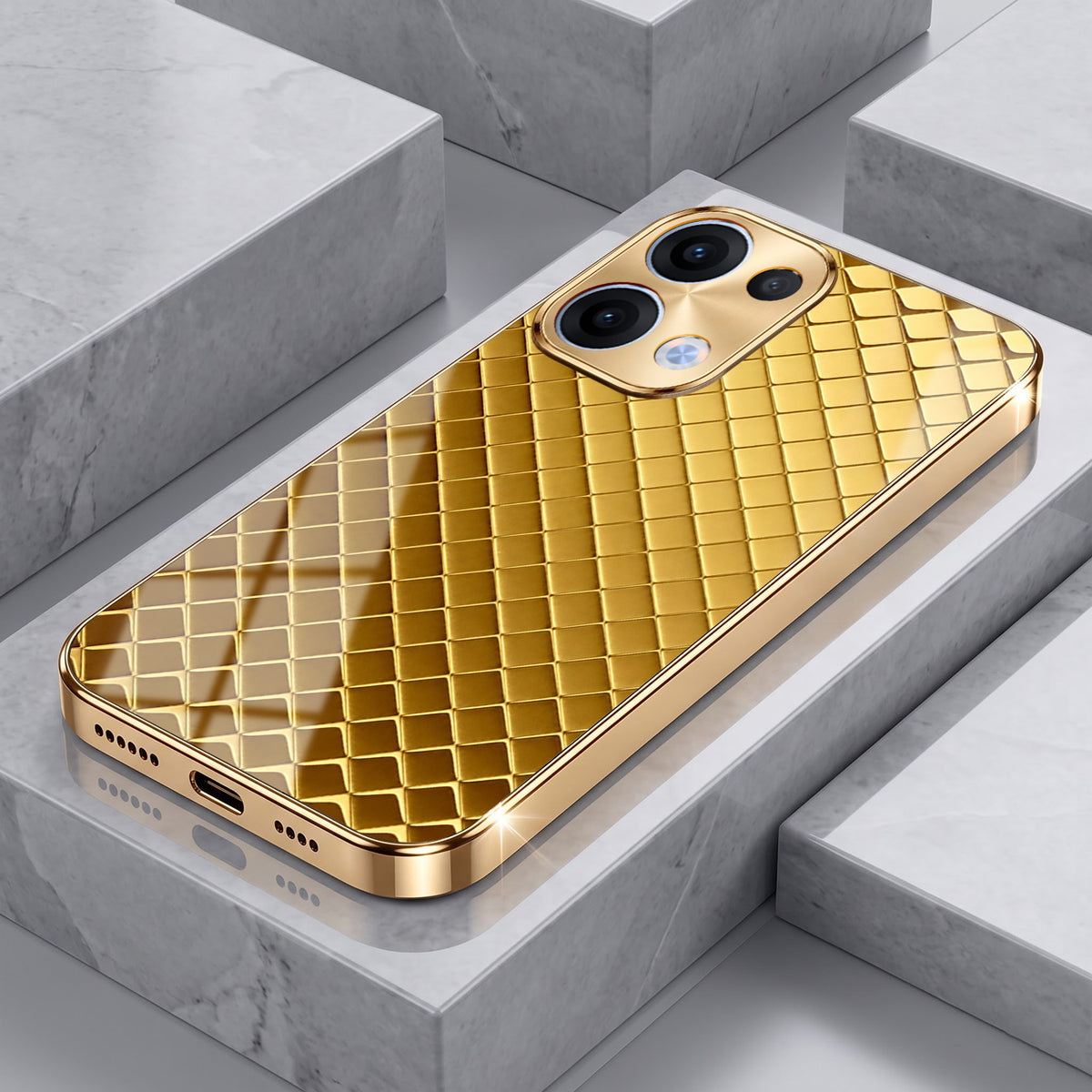 Oppo Reno 13 5G Golden Criss Cross Gold Electroplated Glass Phone Back Case