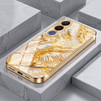 Vivo V70 FE 5G Golden Feather Marble Gold Electroplated Glass Phone Back Case