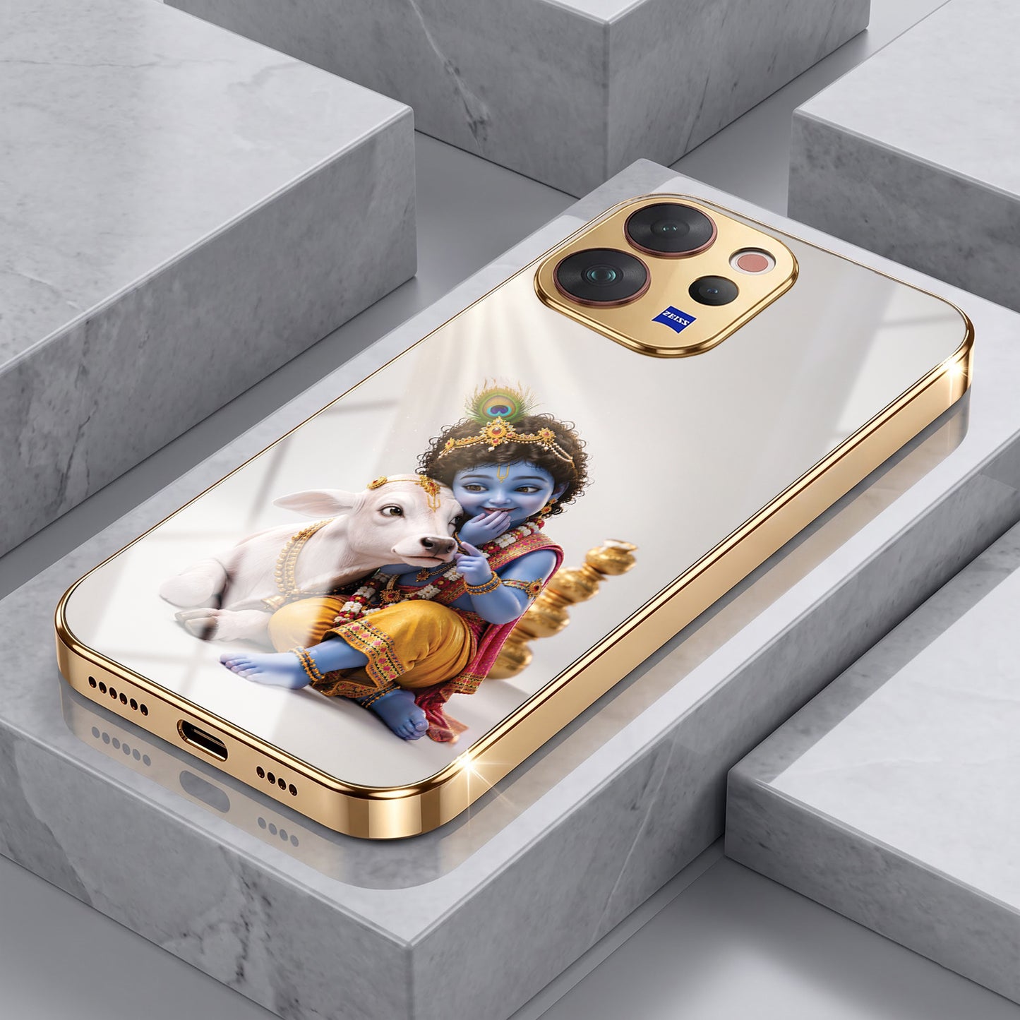Vivo V70 5G Bal Krishna Blessings Gold Electroplated Glass Phone Back Case