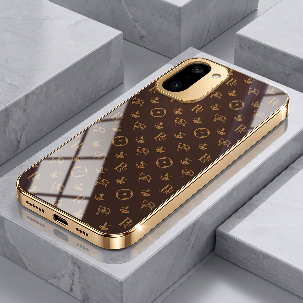 OnePlus 15R 5G Luxury Monogram Brown Gold Electroplated Glass Phone Back Case