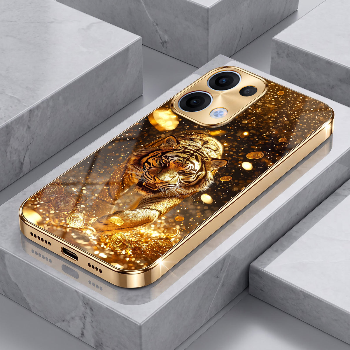 Oppo Reno 13 5G Luxury Tiger Gold Electroplated Glass Phone Back Case