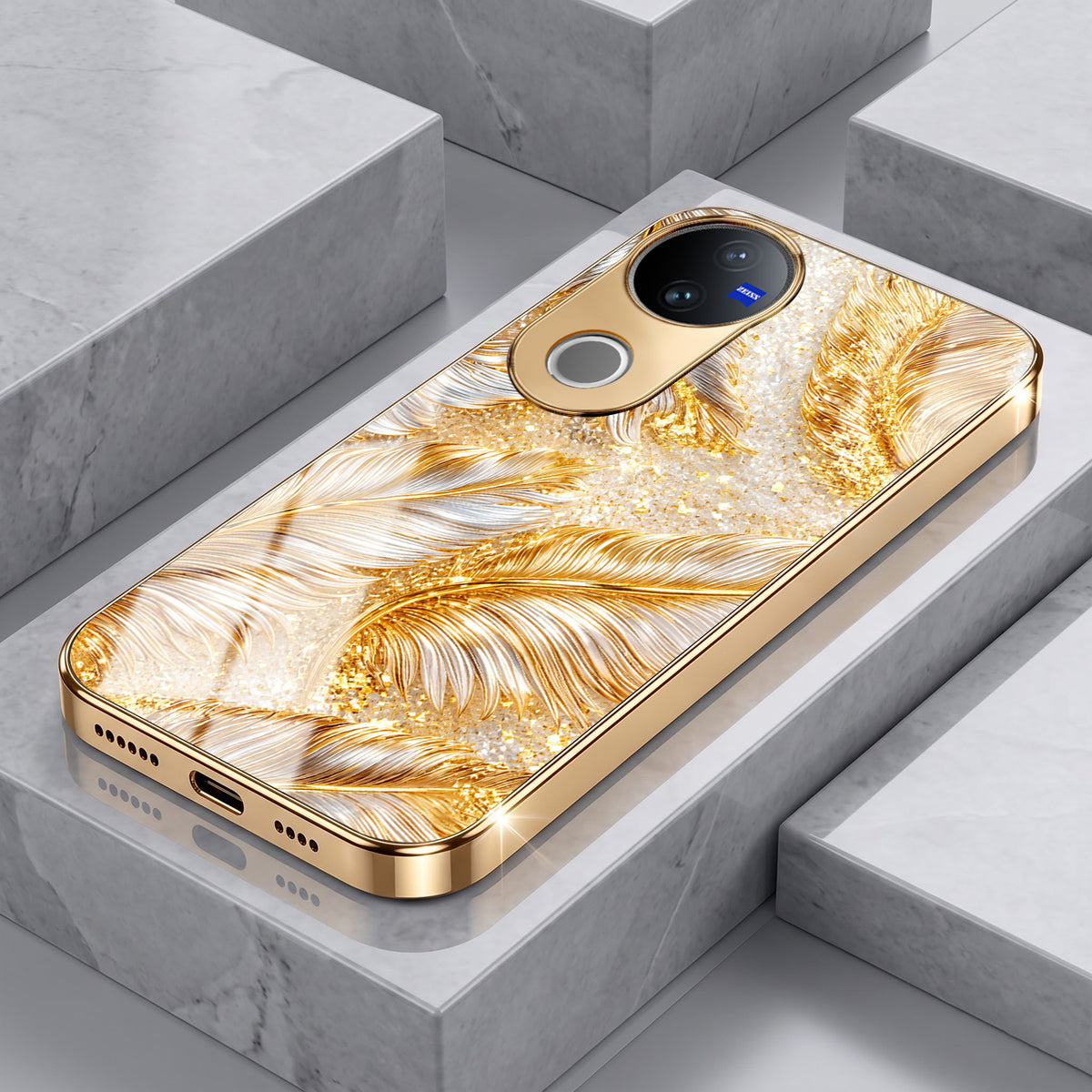Vivo V50 5G Golden Feather Marble Gold Electroplated Glass Phone Back Case
