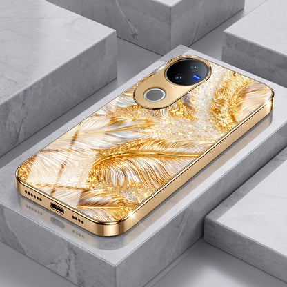 Vivo V50 5G Golden Feather Marble Gold Electroplated Glass Phone Back Case