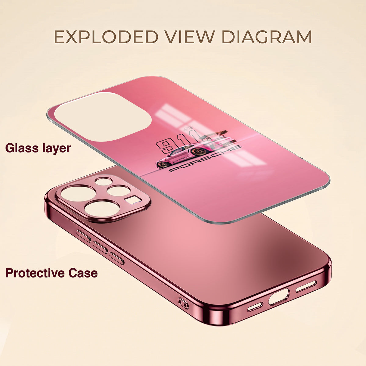 Vivo V70 5G Luxury Porsche 911 Pink Electroplated Glass Phone Back Case