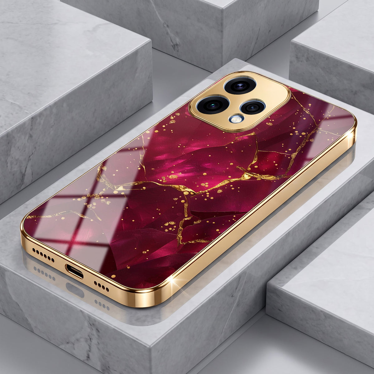 Oppo Reno 15 5G Luxury Crimson Marble Gold Electroplated Glass Phone Back Case