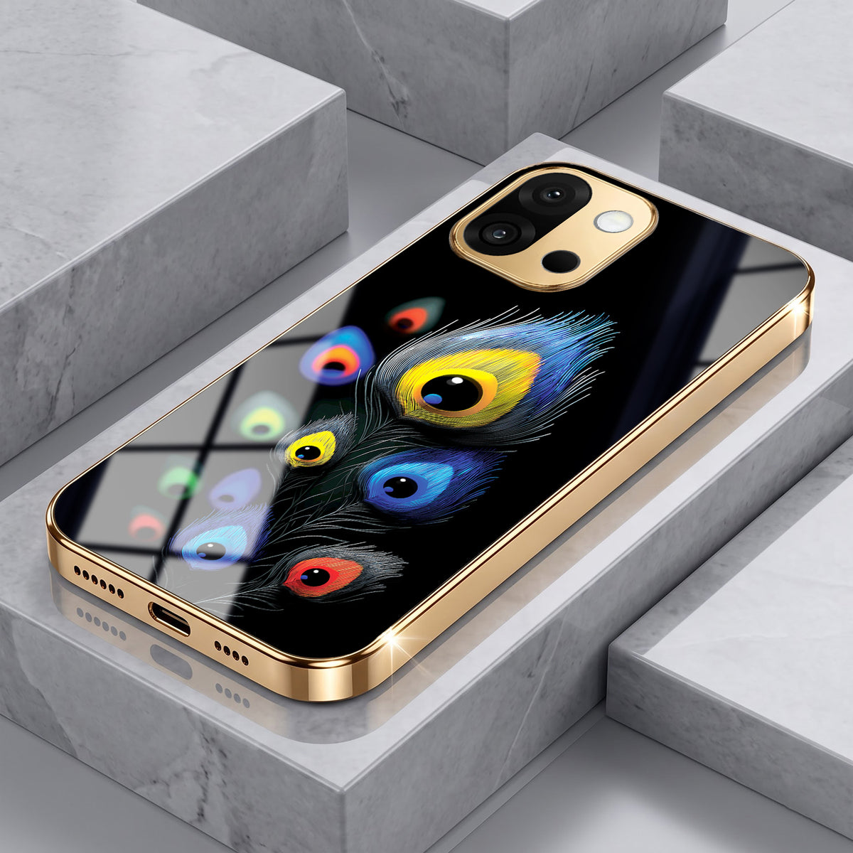 OnePlus 13s 5G Multi-Feather Peacock Gold Electroplated Glass Phone Back Case