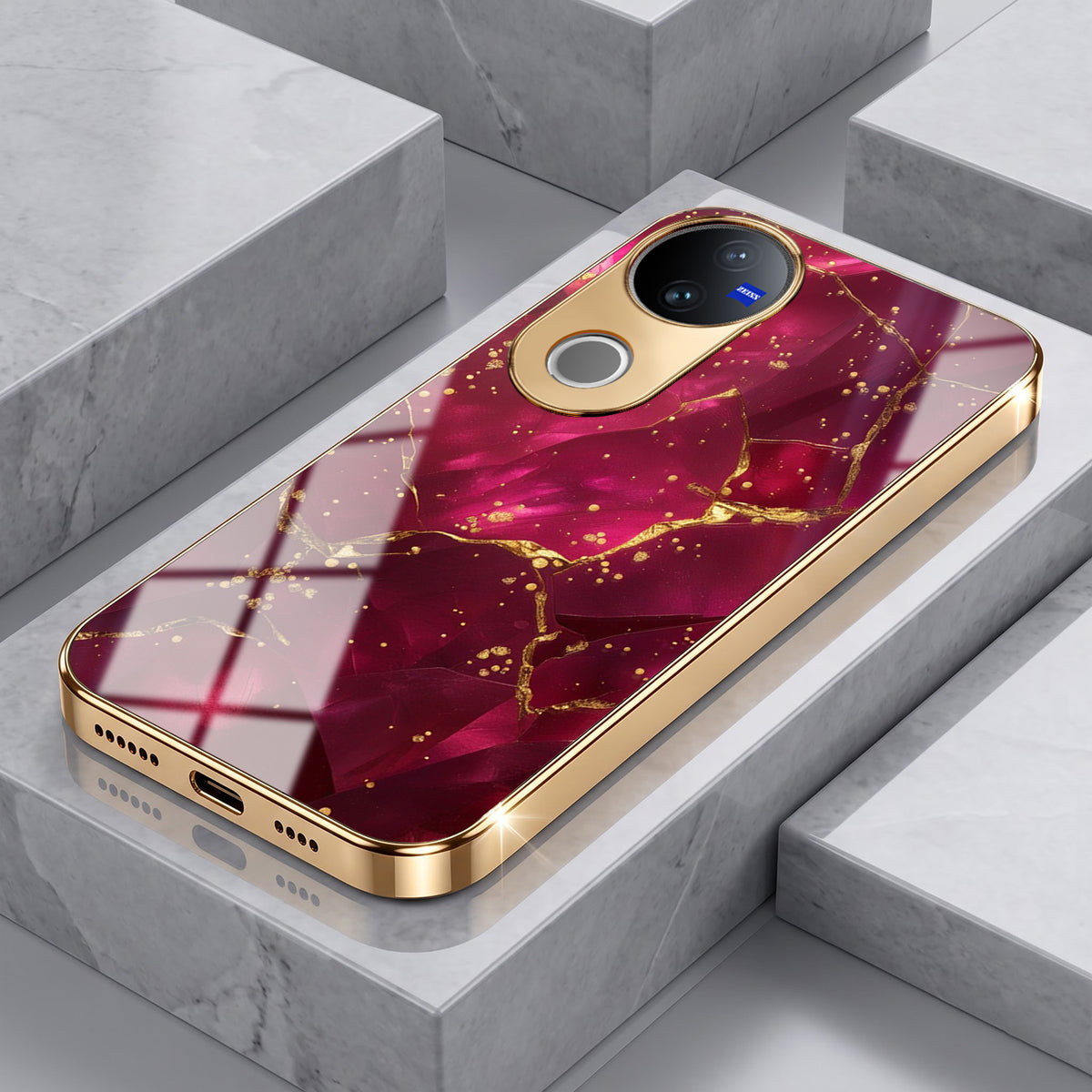 Vivo V50 5G Luxury Crimson Marble Gold Electroplated Glass Phone Back Case