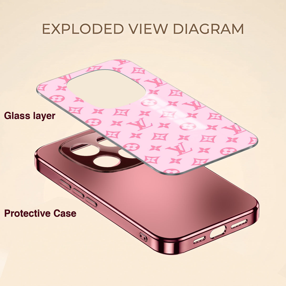 Redmi Note 15 Pro+ 5G Luxury Monogram Pink Electroplated Glass Phone Back Case