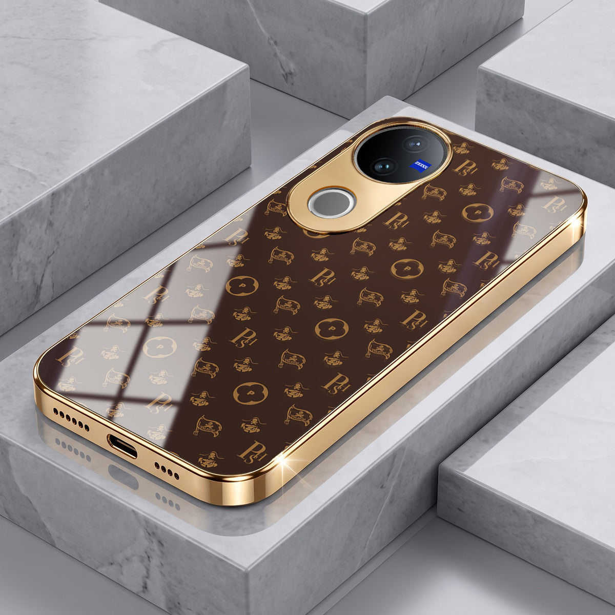 Vivo V50 5G Luxury Monogram Brown Gold Electroplated Glass Phone Back Case