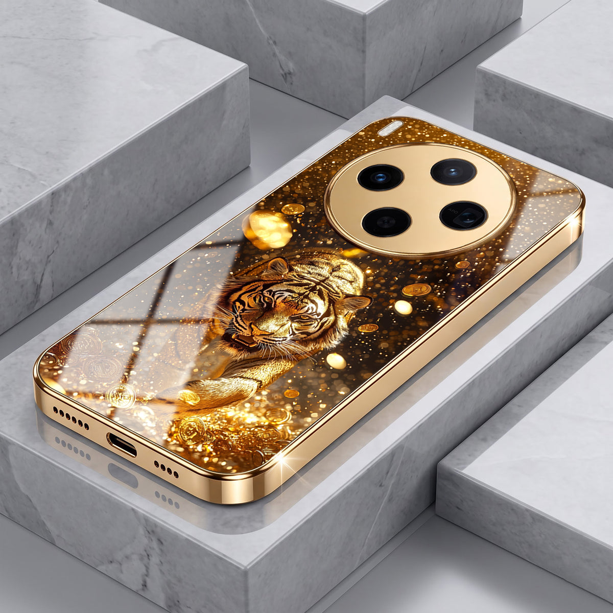 Vivo X300 5G Luxury Tiger Gold Electroplated Glass Phone Back Case