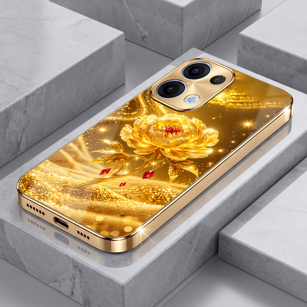 Oppo Reno 13 5G Golden Rose Elegance Gold Electroplated Glass Phone Back Case