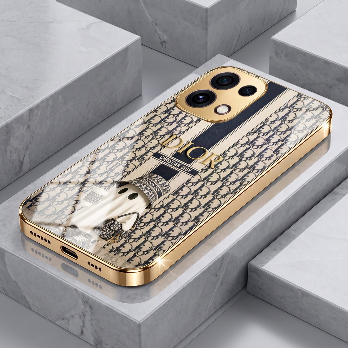 Oppo Reno 16C 5G Luxury Dior Gold Electroplated Glass Phone Back Case