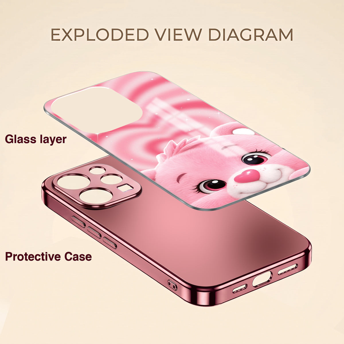 Vivo V70 5G Luxury Cute Teddy Pink Electroplated Glass Phone Back Case