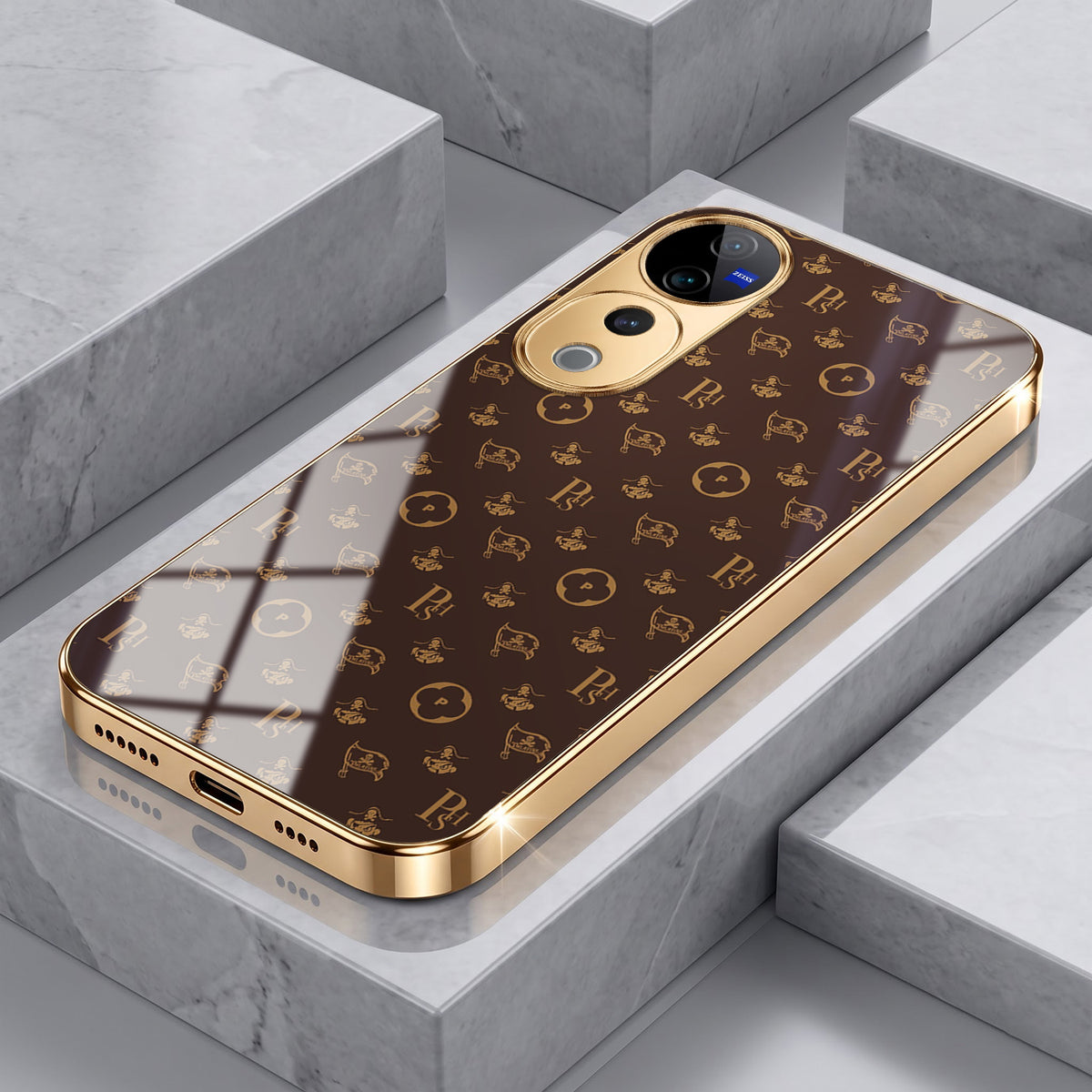 Vivo V40 Pro 5G Luxury Monogram Brown Gold Electroplated Glass Phone Back Case