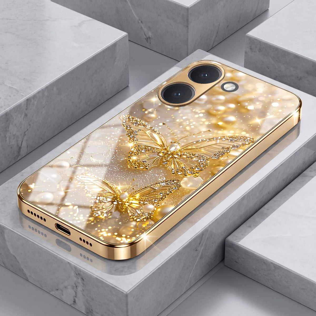 Poco X8 Pro 5G Golden Butterfly Gold Electroplated Glass Phone Back Case
