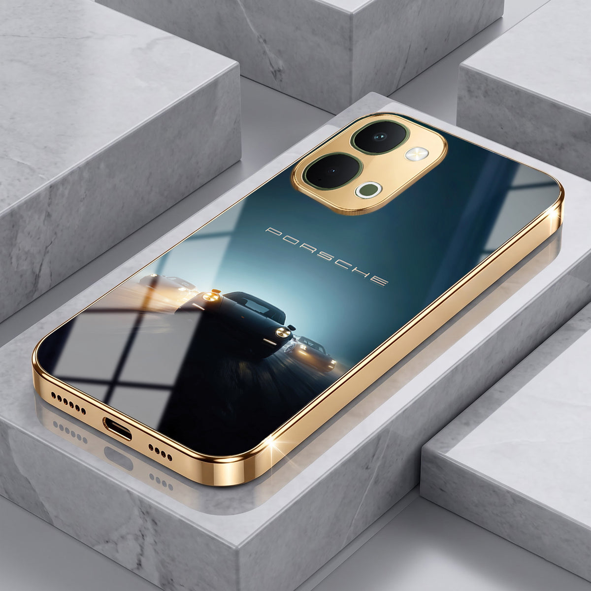 Vivo T5x 5G Porsche Luxury Gold Electroplated Glass Phone Back Case