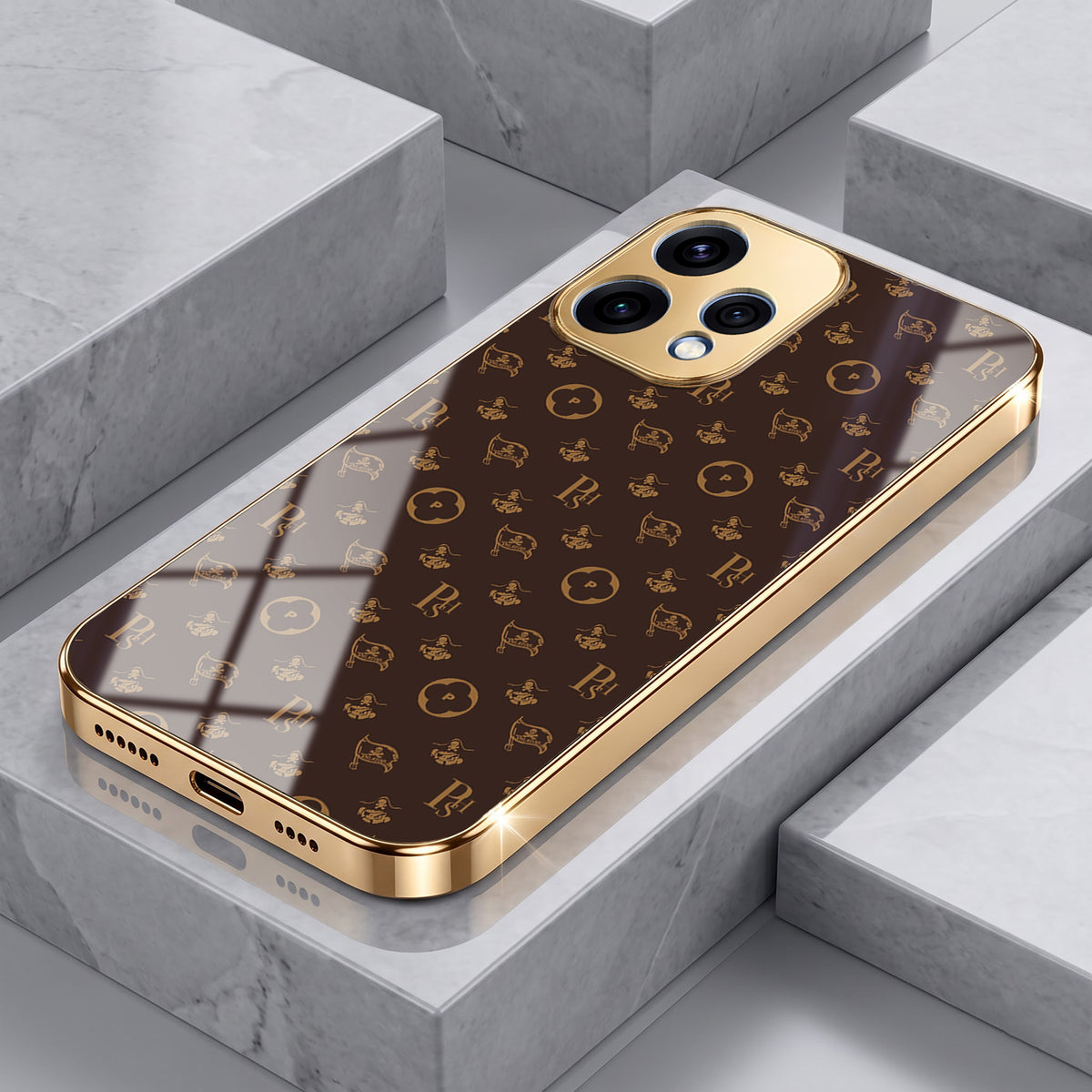 Oppo Reno 15 5G Luxury Monogram Brown Gold Electroplated Glass Phone Back Case