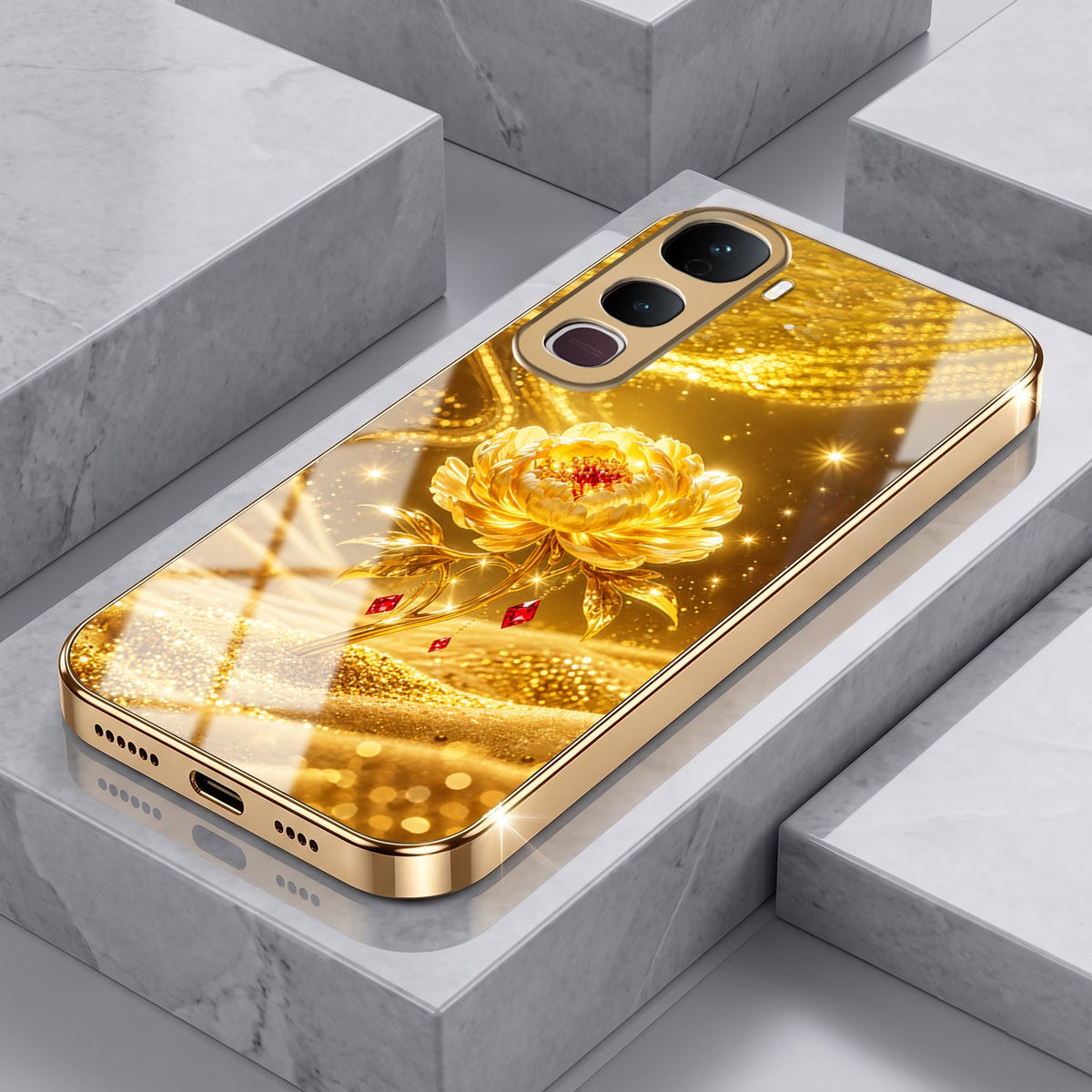 Vivo Y400 Pro 5G Golden Rose Elegance Gold Electroplated Glass Phone Back Case