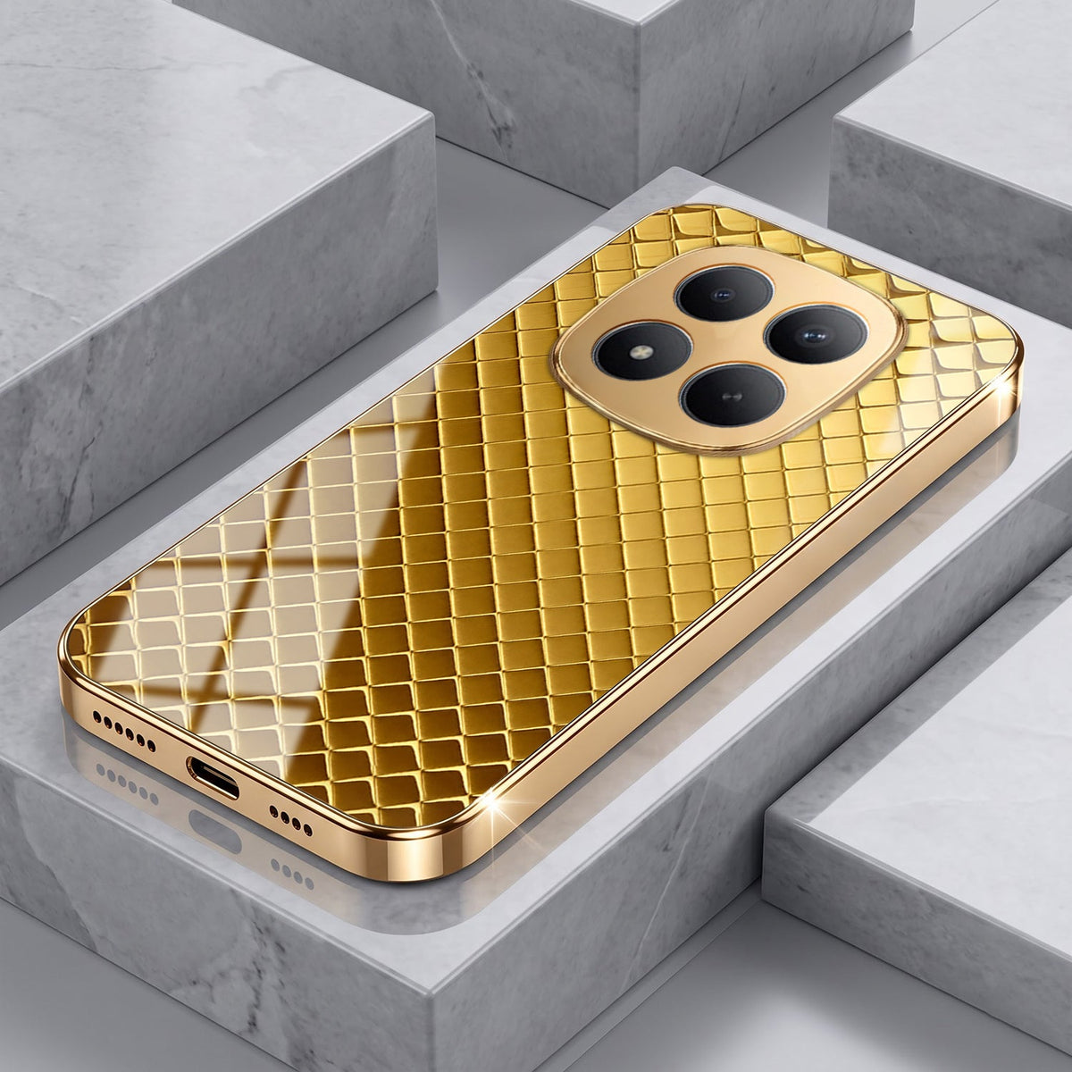 Redmi Note 15 Pro+ 5G Golden Criss Cross Gold Electroplated Glass Phone Back Case