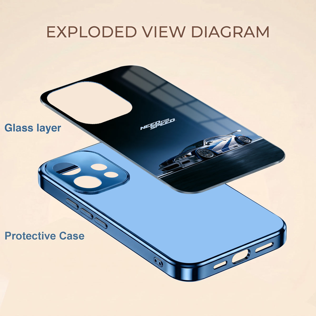 Oppo Reno 15 5G Need For Speed Blue Electroplated Glass Phone Back Case
