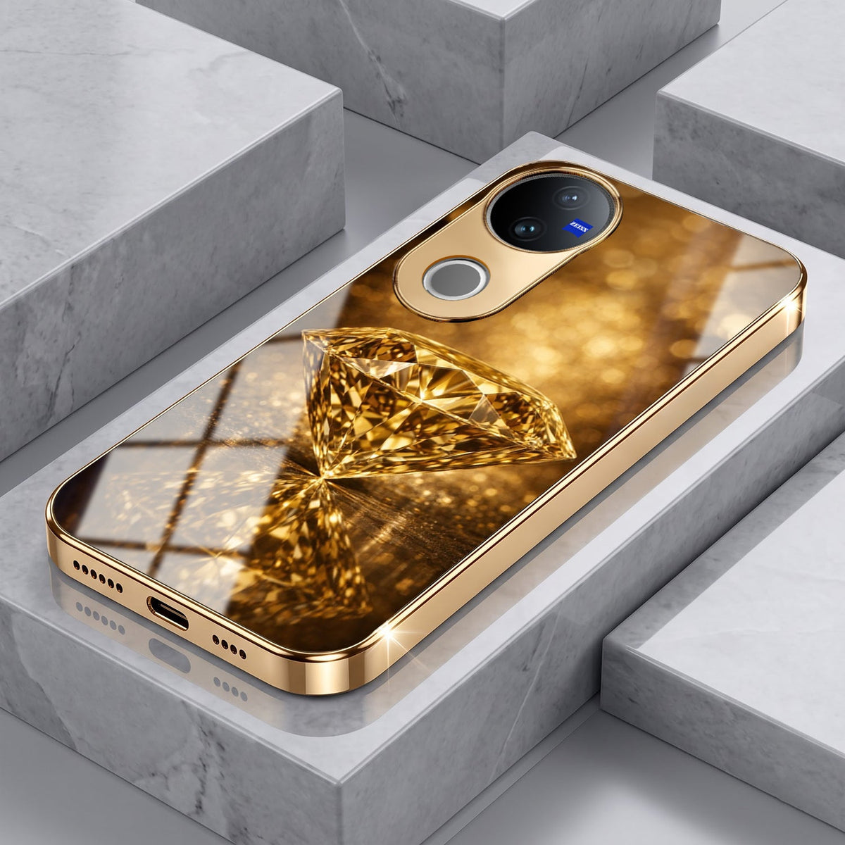 Vivo V50 5G Golden Diamond Gold Electroplated Glass Phone Back Case