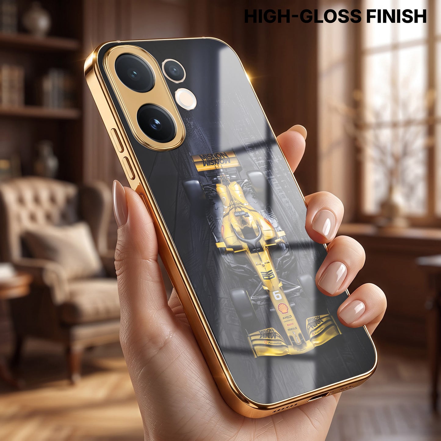 Vivo V60 5G F1 Racing Car Gold Electroplated Glass Phone Back Case