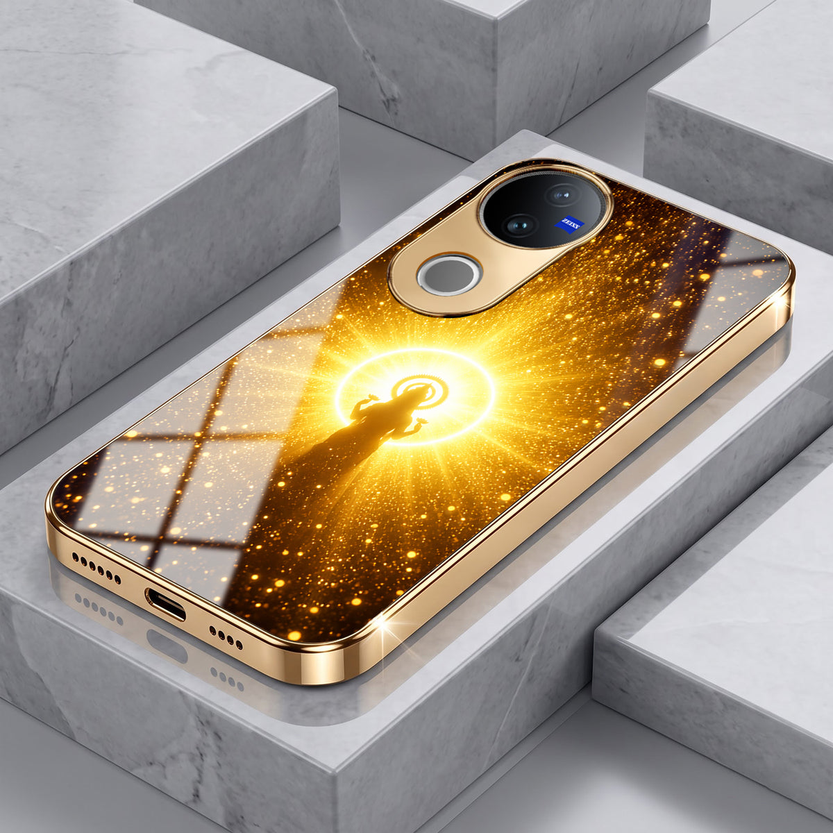 Vivo V50 5G Lakshmi Sacred Gold Electroplated Glass Phone Back Case