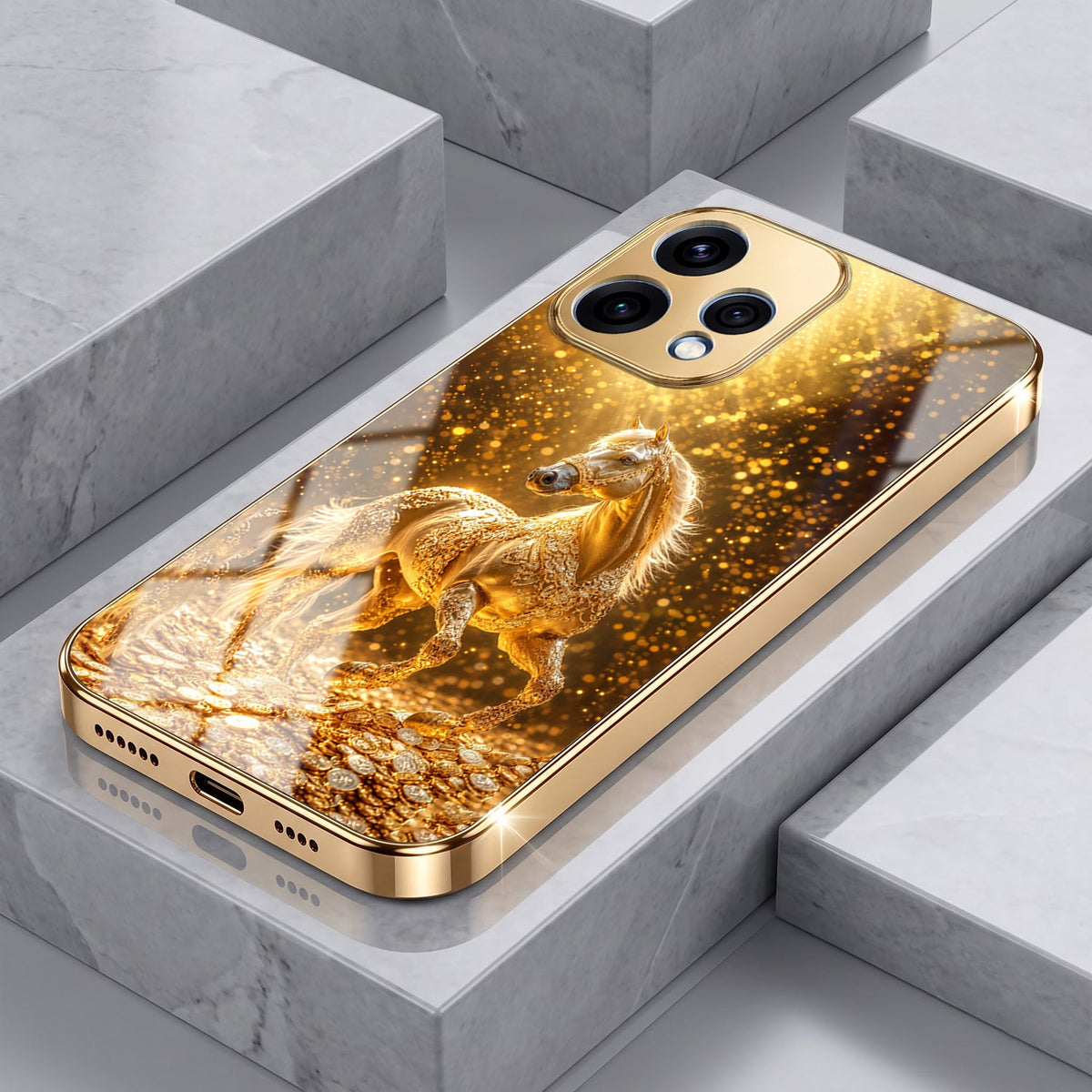 Oppo Reno 15 5G Golden Horse Sparkle Gold Electroplated Glass Phone Back Case