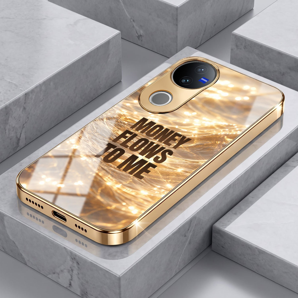 Vivo V50 5G Money Flows To Me Gold Electroplated Glass Phone Back Case