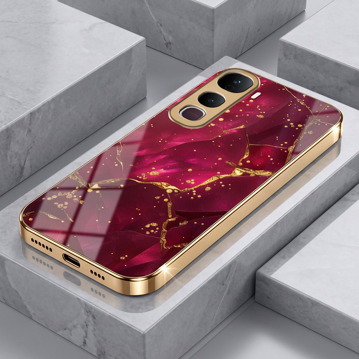 Vivo Y400 Pro 5G Luxury Crimson Marble Gold Electroplated Glass Phone Back Case