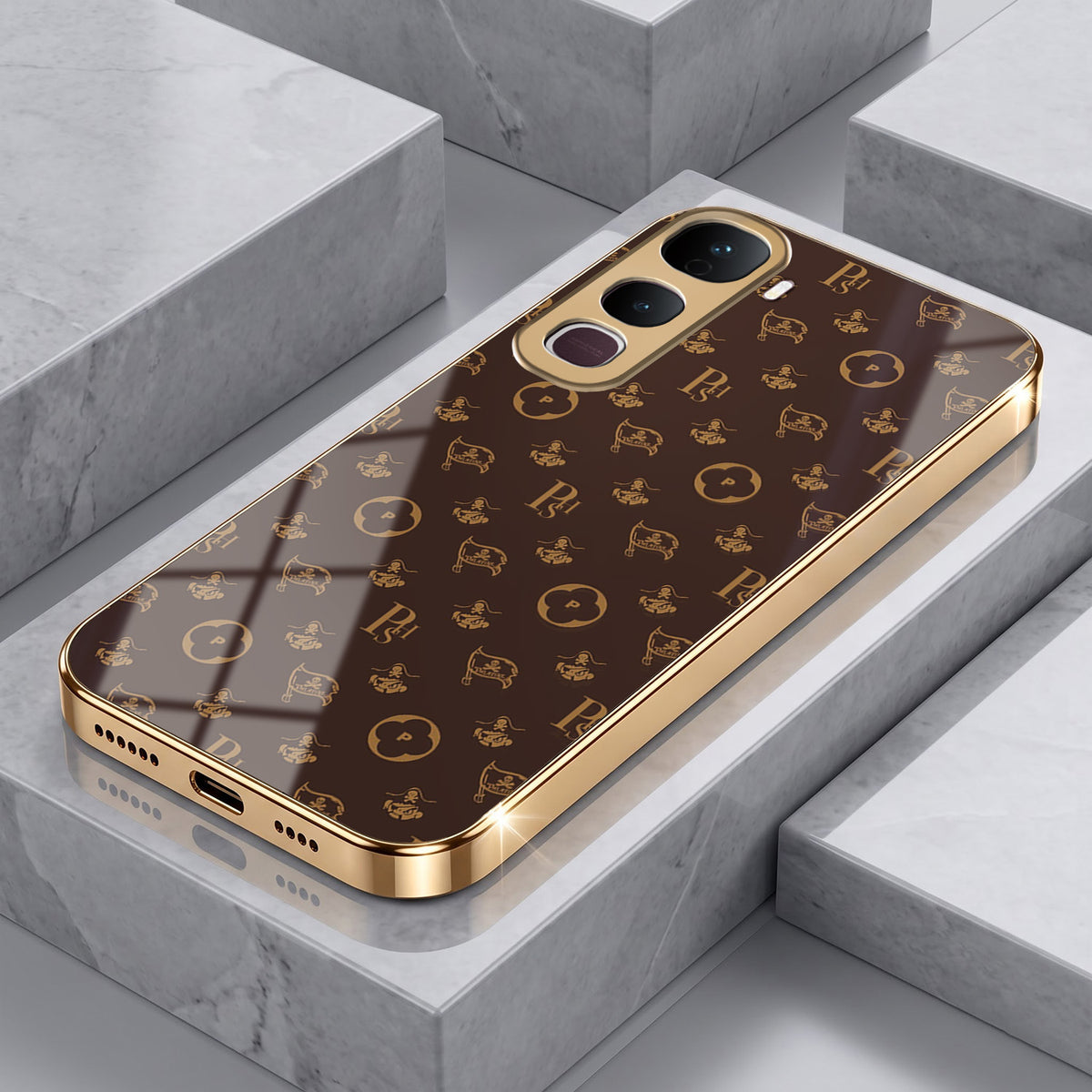 Vivo Y400 Pro 5G Luxury Monogram Brown Gold Electroplated Glass Phone Back Case