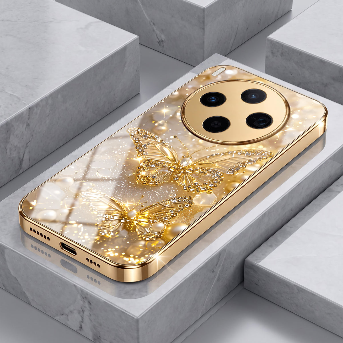 Vivo X300 5G Golden Butterfly Gold Electroplated Glass Phone Back Case