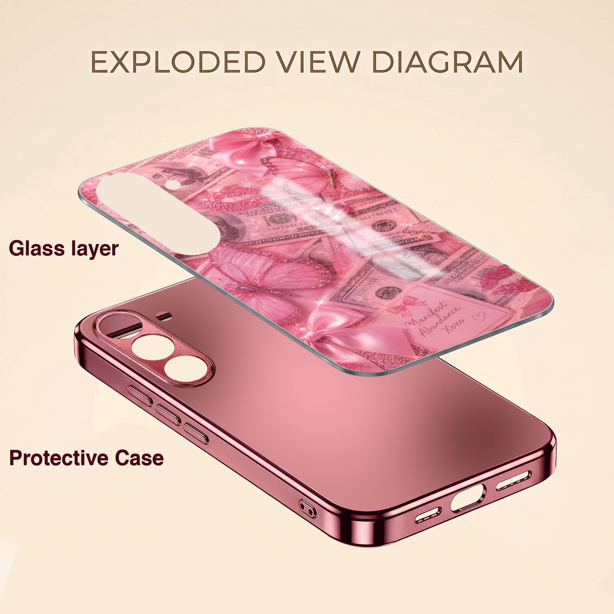 Samsung Galaxy A36 5G Luxury Dollar Butterfly Pink Electroplated Glass Phone Back Case