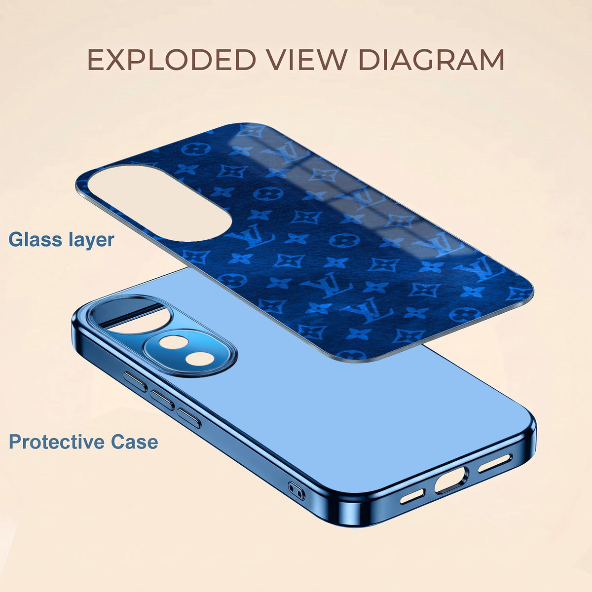 Vivo V40 Pro 5G Luxury Monogram Blue Electroplated Glass Phone Back Case