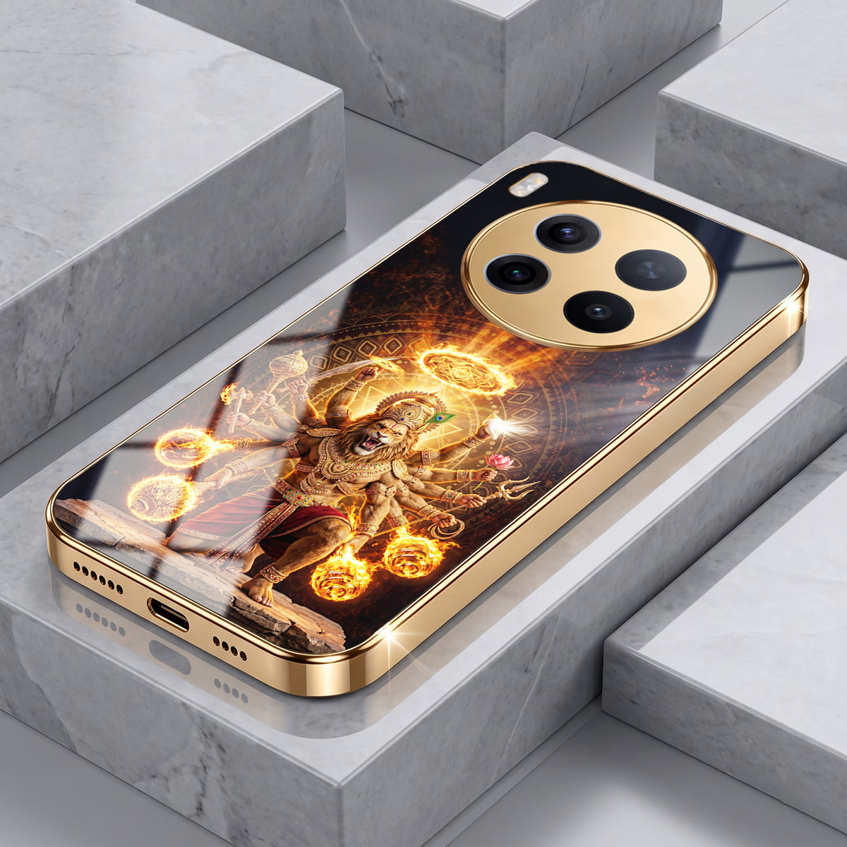 Vivo X300 Pro 5G Lord Narasimha Gold Electroplated Glass Phone Back Case