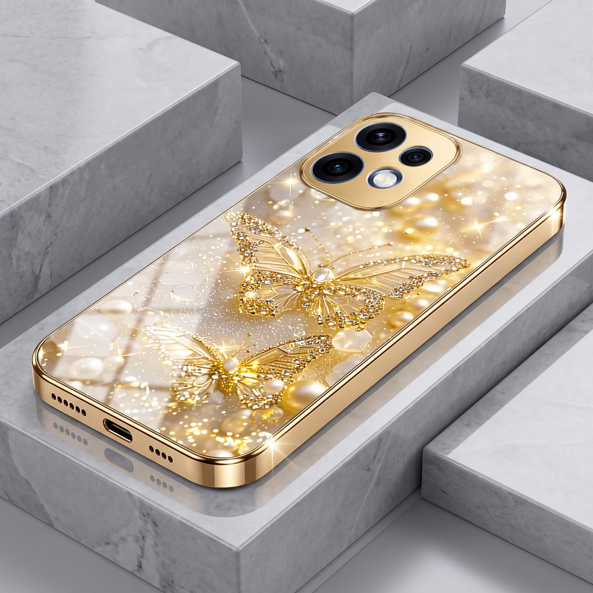 Oppo Reno 16 5G Golden Butterfly Gold Electroplated Glass Phone Back Case