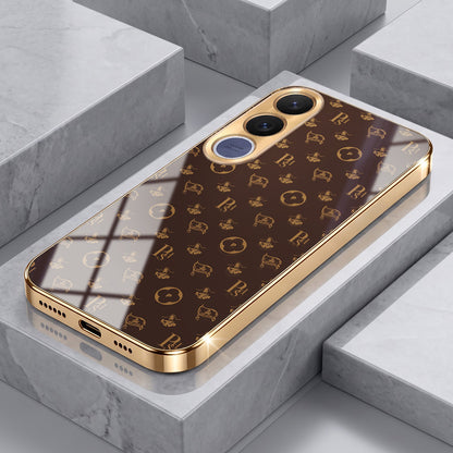 Vivo V70 FE 5G Luxury Monogram Brown Gold Electroplated Glass Phone Back Case