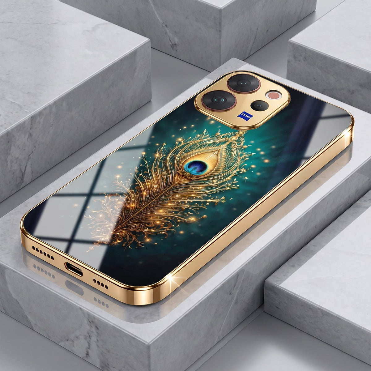 Vivo V70 5G Golden Peacock Feather Gold Electroplated Glass Phone Back Case