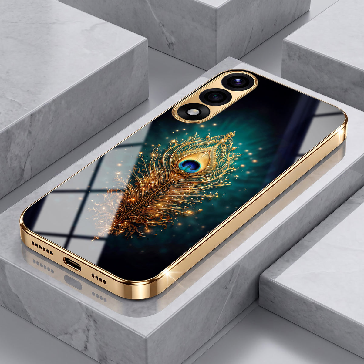 Oneplus Nord 5 5G Golden Peacock Feather Gold Electroplated Glass Phone Back Case