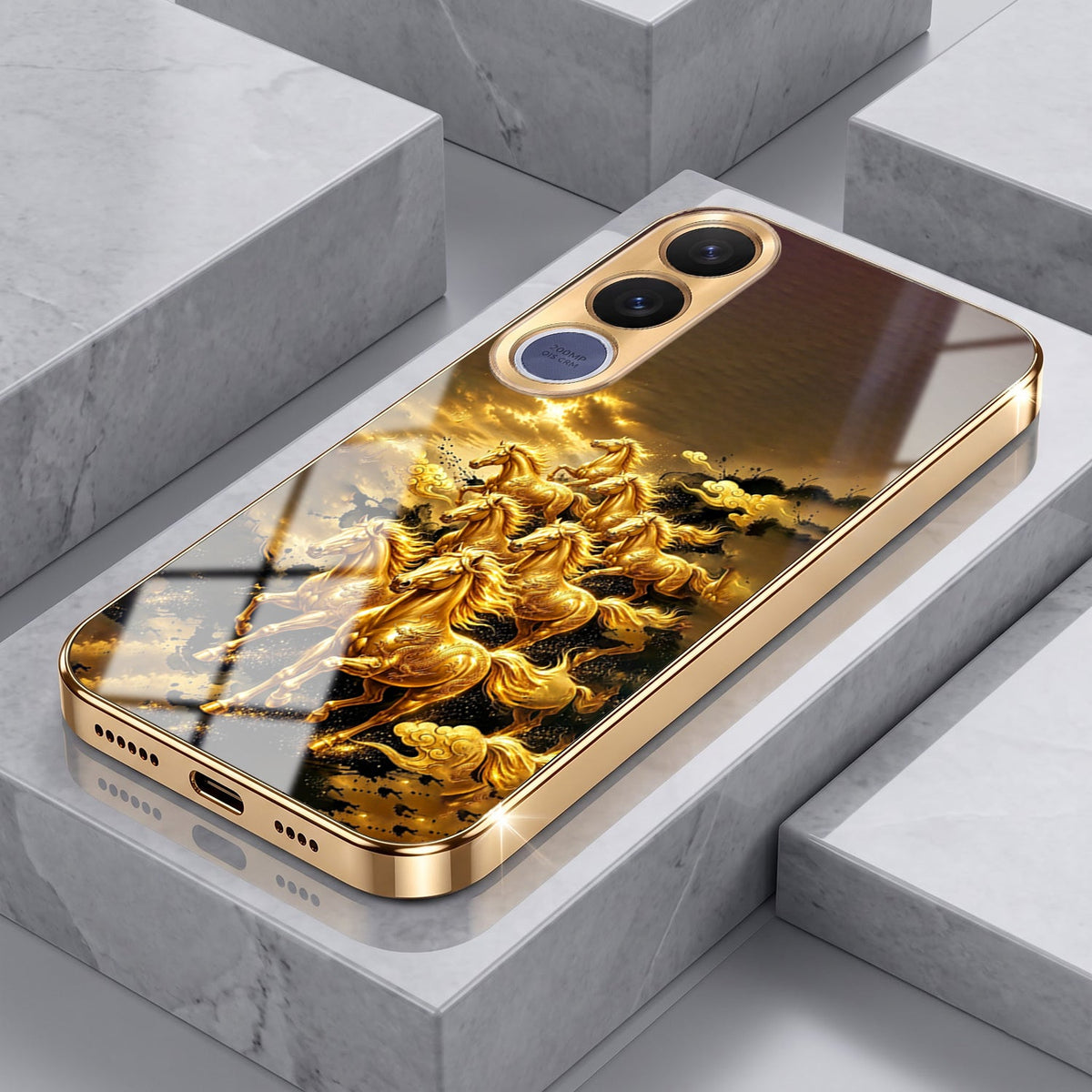 Vivo V70 FE 5G Celestial Seven Horses Gold Electroplated Glass Phone Back Case