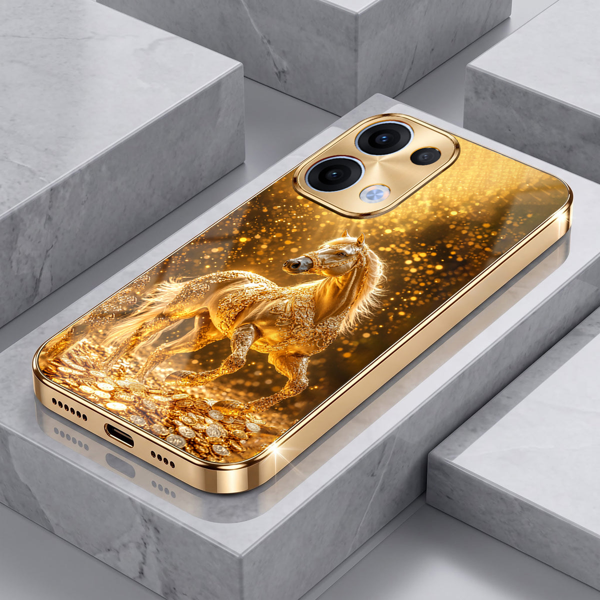 Oppo Reno 13 5G Golden Horse Sparkle Gold Electroplated Glass Phone Back Case