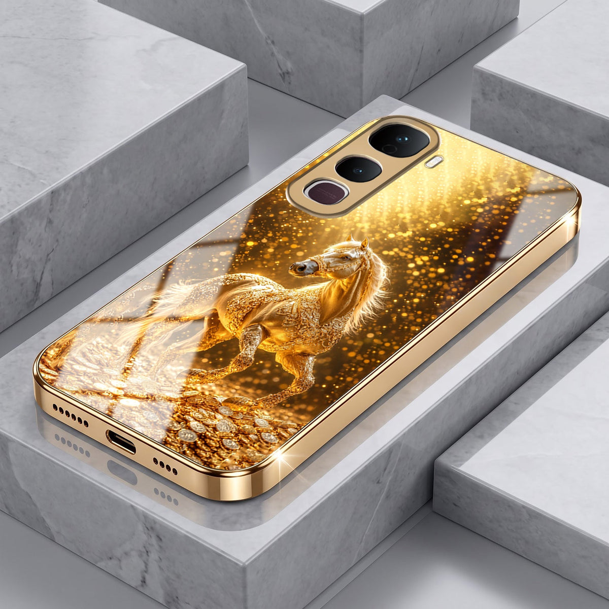 Vivo Y400 Pro 5G Golden Horse Sparkle Gold Electroplated Glass Phone Back Case